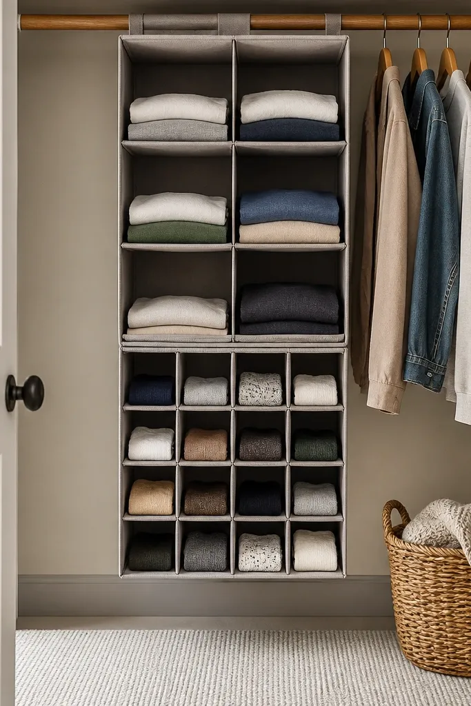 A hanging closet organizer hangs inside a closet. It has two zones: upper compartments for folded tees and lower compartments for socks. A fabric liner covers the closet floor area.