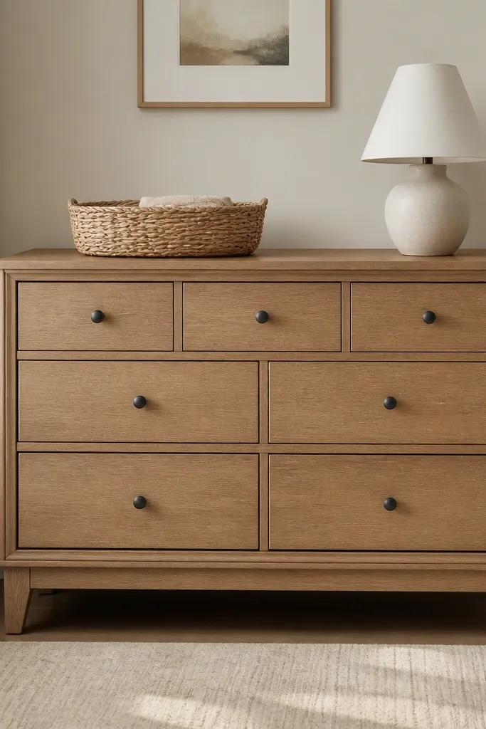 A compact dresser with multiple drawers. Inside the drawers are fabric dividers in neutral tones. On top sits one basket and one small lamp. The drawers are fully closed and the top surface is clear.