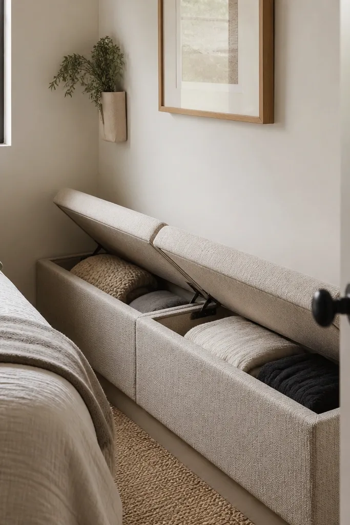A tiny bedroom has a wall bench along one wall with two cushion sections. Lift-up cushions reveal hidden storage compartments. The bench is upholstered in a textured neutral fabric.