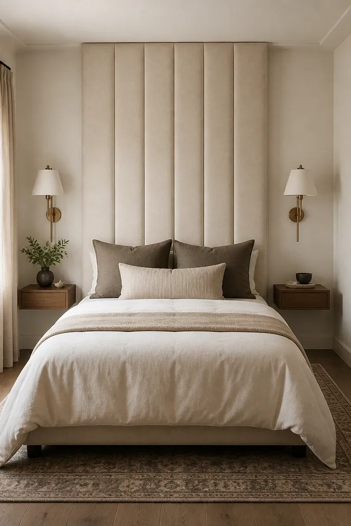 A small bedroom with a bed centered on the main wall. The headboard is tall, upholstered in light oatmeal fabric, and it visually stretches nearly to the ceiling. Two matching wall sconces with white shades sit above small floating shelves. A single narrow runner rug anchors the bed area.