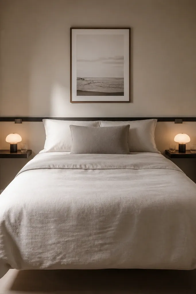 A very small bedroom with two narrow floating nightstands on either side of a bed. Each shelf holds a small lamp and a glass cup. A slim charging rail is mounted between them behind the bed's headboard line, with cords hidden in a cable channel. The floor stays clear.