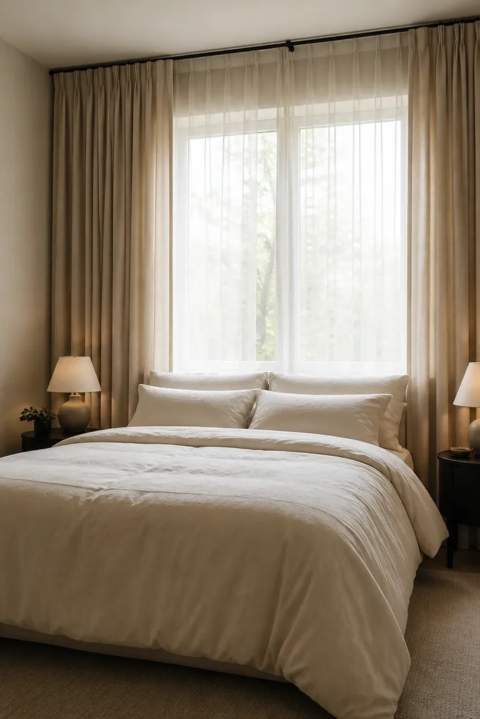 A compact couple bedroom with curtains hung from a rod close to the ceiling. The curtains are floor-length and slightly pooled on the floor. The bed sits under the window wall, with a simple light duvet and two matching bedside lamps on either side.