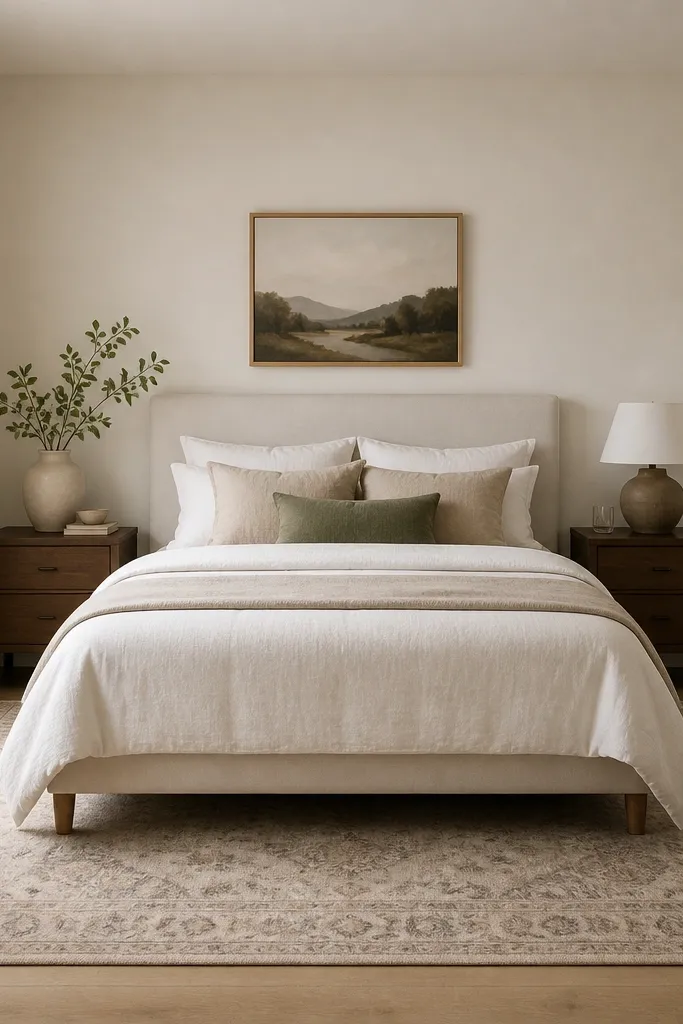 A small bedroom with a bed centered on the wall. A large area rug extends under the front legs of the bed and reaches beyond both sides. The rug is a low-pile neutral with a subtle pattern. The walls are light and the floor is otherwise clear.