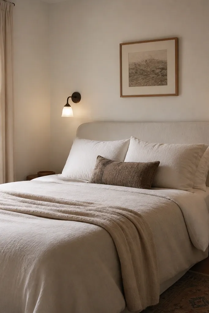 A small bedroom with wall sconces on both sides of the bed. There are no nightstand lamps. The sconces have warm bulbs and small white glass shades. Bedside surfaces are minimal with only a book and a small tray.