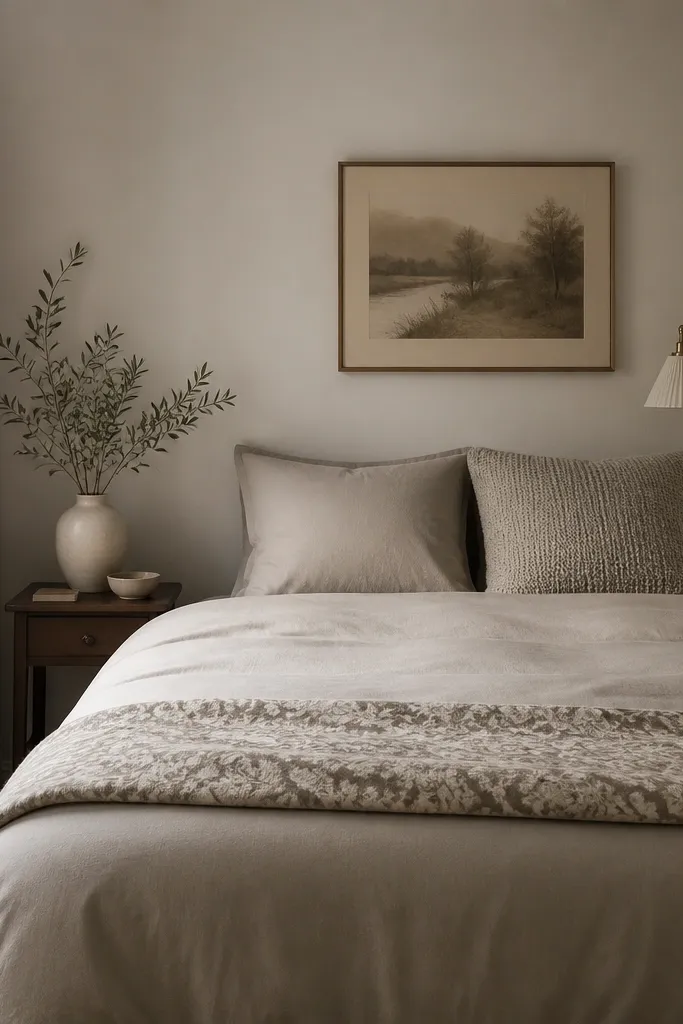A very small couple bedroom with a bed dressed in one tone: a soft greige duvet. The pillows are also greige but in different textures - one is smooth cotton, one is a chunky knit. A single patterned throw sits folded at the foot.