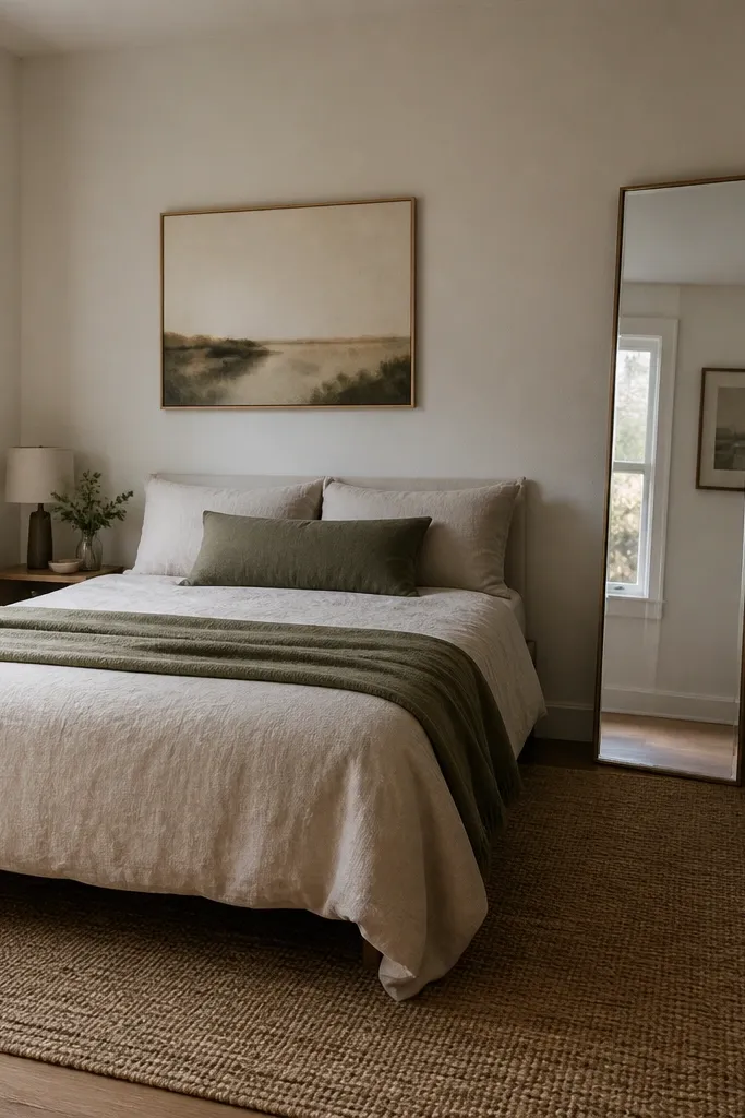A small bedroom with a tall, narrow mirror leaning against the wall near the wardrobe. The mirror reflects a window and shows a clean wall with a framed print, not piles of items. The bed remains centered and the rug is visible.