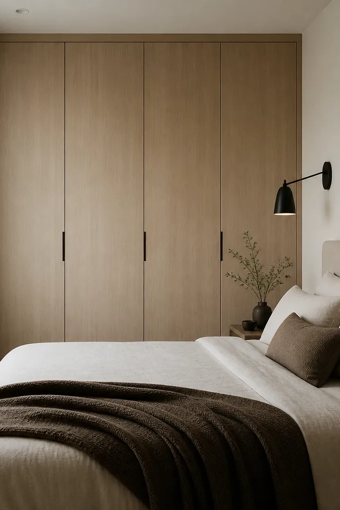 A compact couple bedroom with a wardrobe wall. Inside the closet, hangers are uniform and all visible hang items are in muted tones. There is one slim rail for shirts and a separate shelf for folded items. The closet door is closed in the photo.