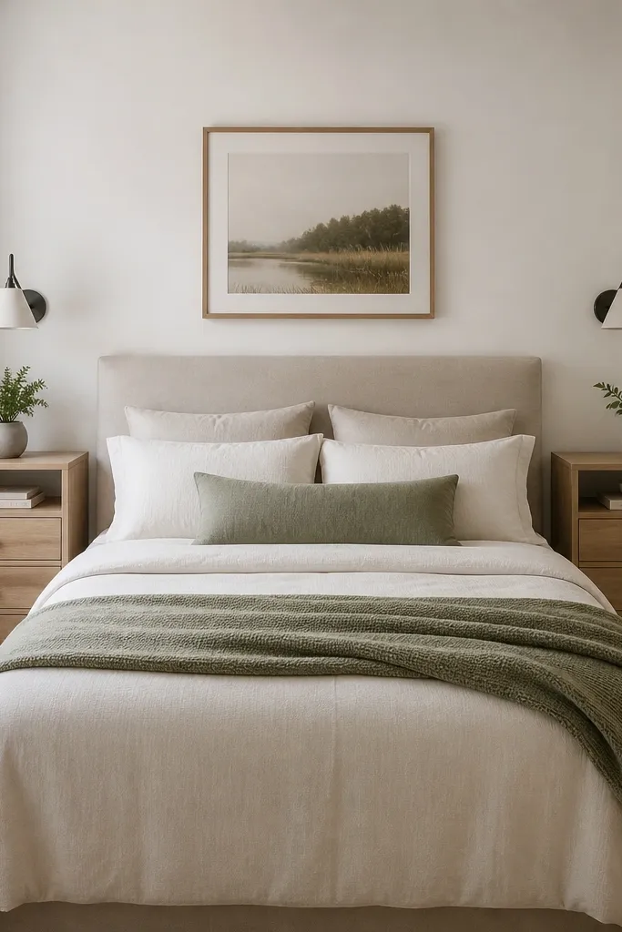A small couple bedroom with two identical bedside units. On each side there's a drawer cabinet with a top shelf holding a small plant and a book. The bed is centered and both bedside surfaces align in height.
