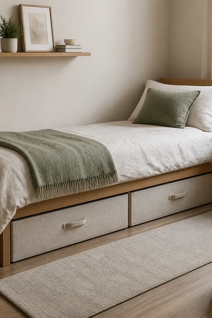 A small bedroom with a low bed frame. Under the bed, there are two sliding drawers in light fabric with handles. The floor is clear and the bed skirts are minimal. A narrow rug runs in front of the bed.