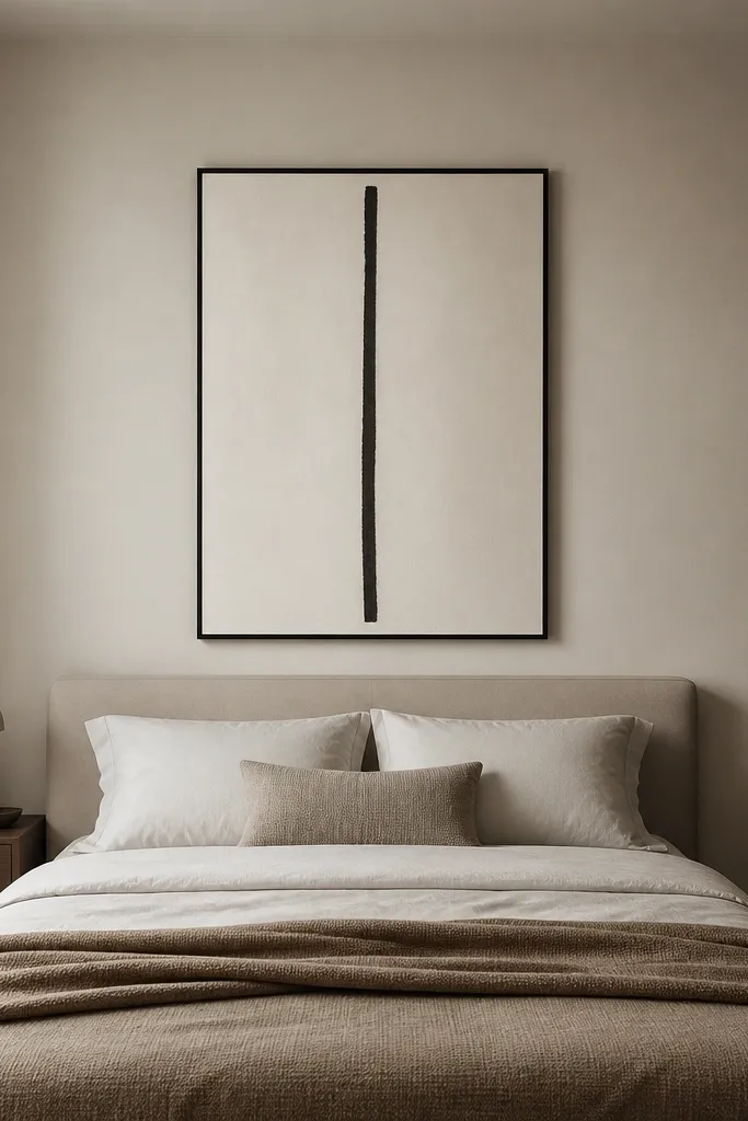 A compact bedroom with one large framed print centered above the bed. The frame is in thin black metal. The print is mostly light with a single dark vertical line. No other decor sits on the wall.