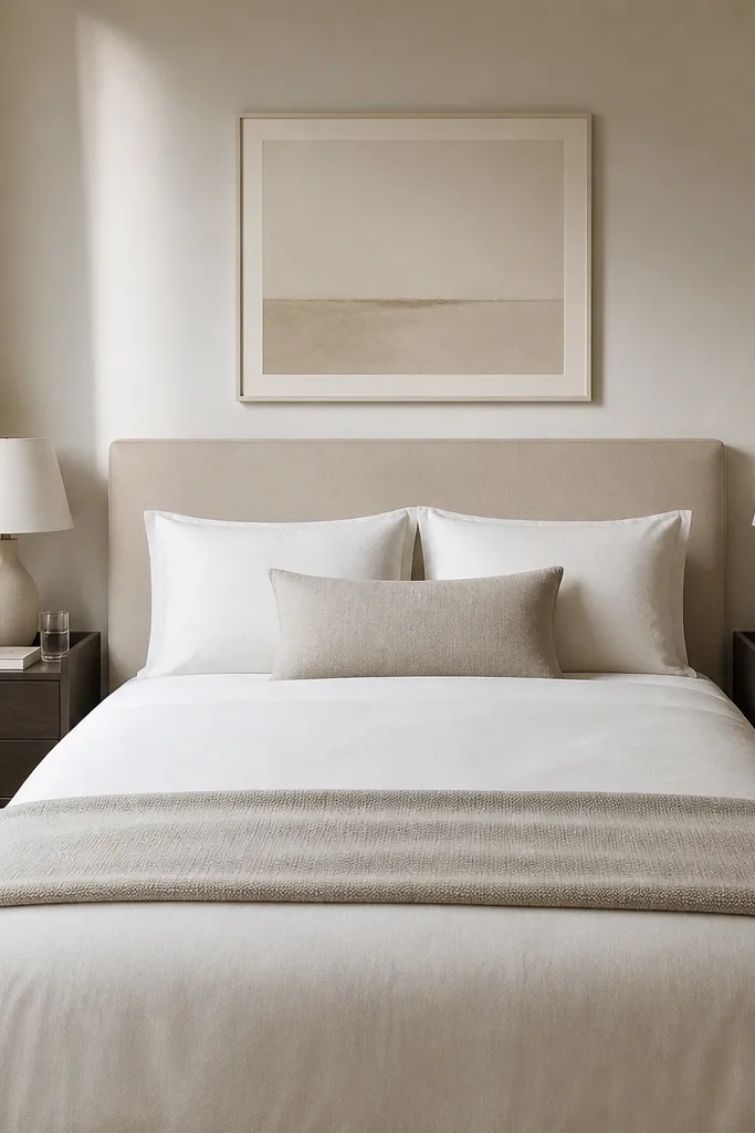 Two slim bedside tables with trays. Each tray holds a lamp, a small water glass, and one book. Everything else is hidden in drawers. The bed has simple pillows and a folded throw at the foot.