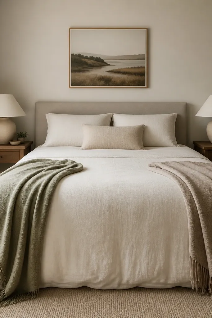 A small couple bedroom with a bed dressed in a simple duvet. Two throws are placed on each side of the bed - one on the left and one on the right - both in coordinating colors. Pillows remain minimal and the foot of the bed is tidy.