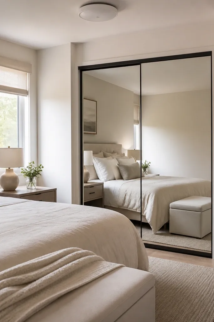 A compact bedroom with a closet that has a sliding mirrored door. The mirror reflects the bed and a clean wall, not open baskets. The bed has a light duvet and minimal decor. A small bench sits near the foot with a closed lid.