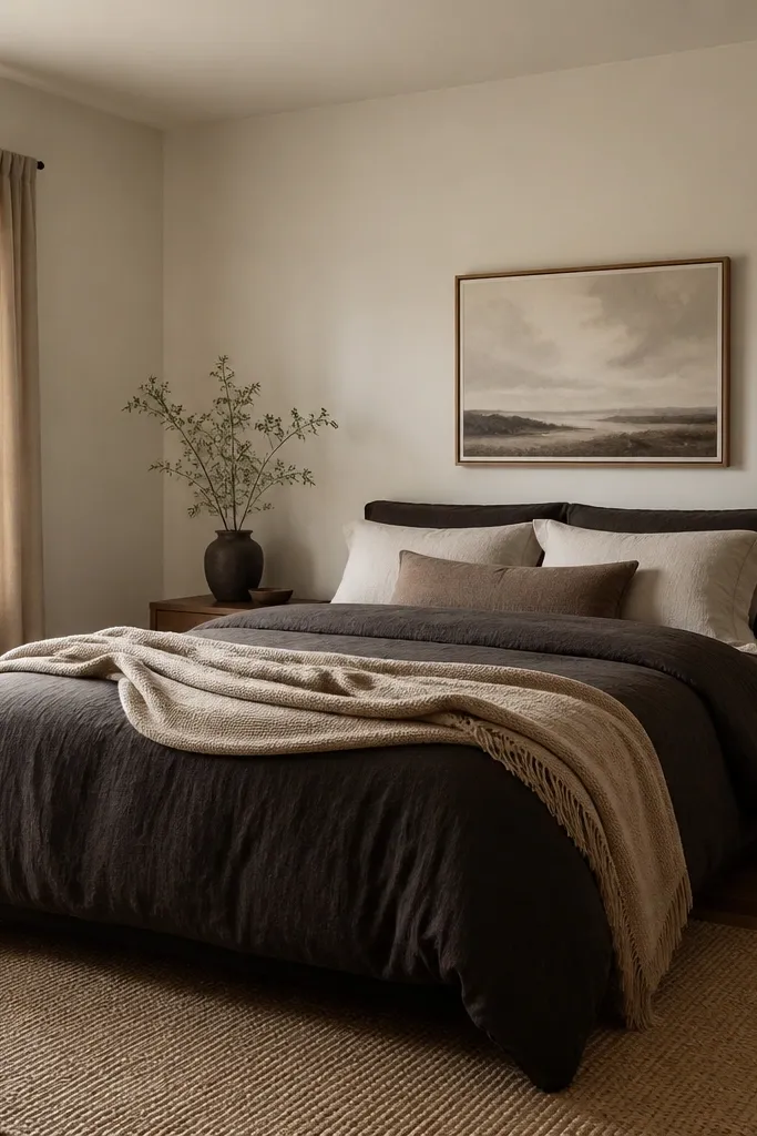 A small bedroom with walls painted a soft warm white. The bed is dressed in a darker charcoal or deep brown duvet, with lighter pillows and a warm throw. The floor is visible with a neutral rug and clean baseboards.