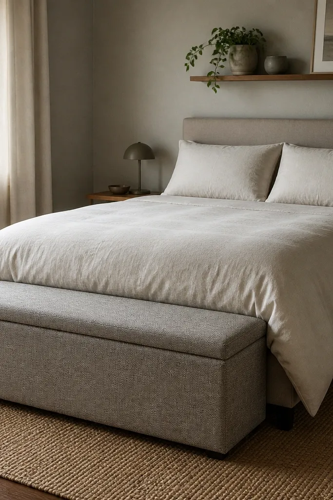A compact bedroom with a slim storage bench at the foot of the bed. The bench is upholstered in a textured fabric and has a lift-top. The bed has a simple duvet and two pillows. A small plant sits on a nearby wall shelf.
