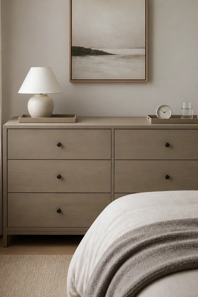 A small bedroom with one dresser against the wall. On top of the dresser are two matching mini stations - one tray with a lamp and one tray with a small clock and water glass. Both trays match in color and height. The rest of the top is empty.