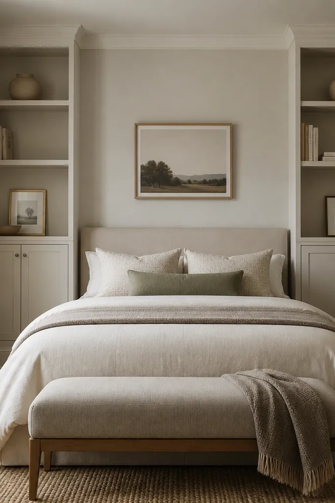 A small bedroom with a built-in-looking shelving wall beside the bed. The lower cabinets have closed doors. The open shelves display only a few books and two framed items. The bed is centered and the wall looks tidy.