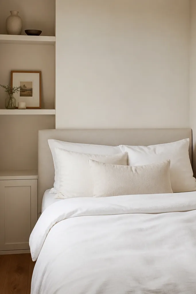 A very small double bedroom corner with the bed pushed against the wall. Behind the headboard there is a narrow shelving section that looks built-in, only about 20cm deep, with two open shelves and a closed cabinet at the bottom. Warm white bedding and a simple framed print sit on the shelves; the rest of the wall is bare and light.