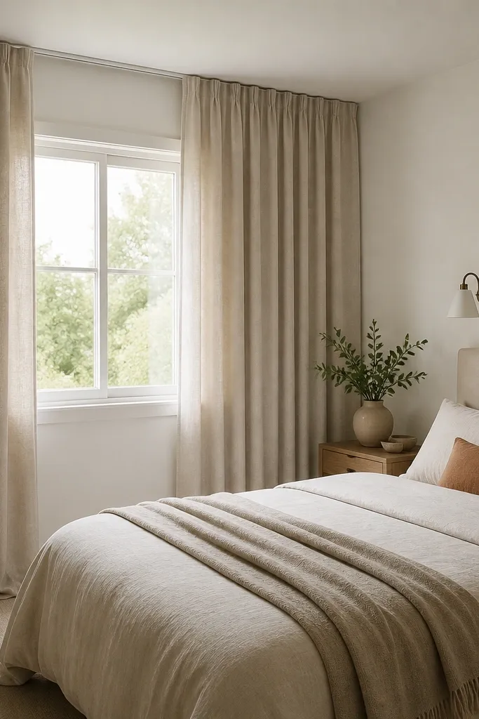 A small double bedroom with a window on the left wall. Curtains hang from a track mounted close to the ceiling, with the fabric extending past the window width on both sides. The curtains are in a soft oatmeal tone and puddle slightly on the floor; the wall is painted warm white.