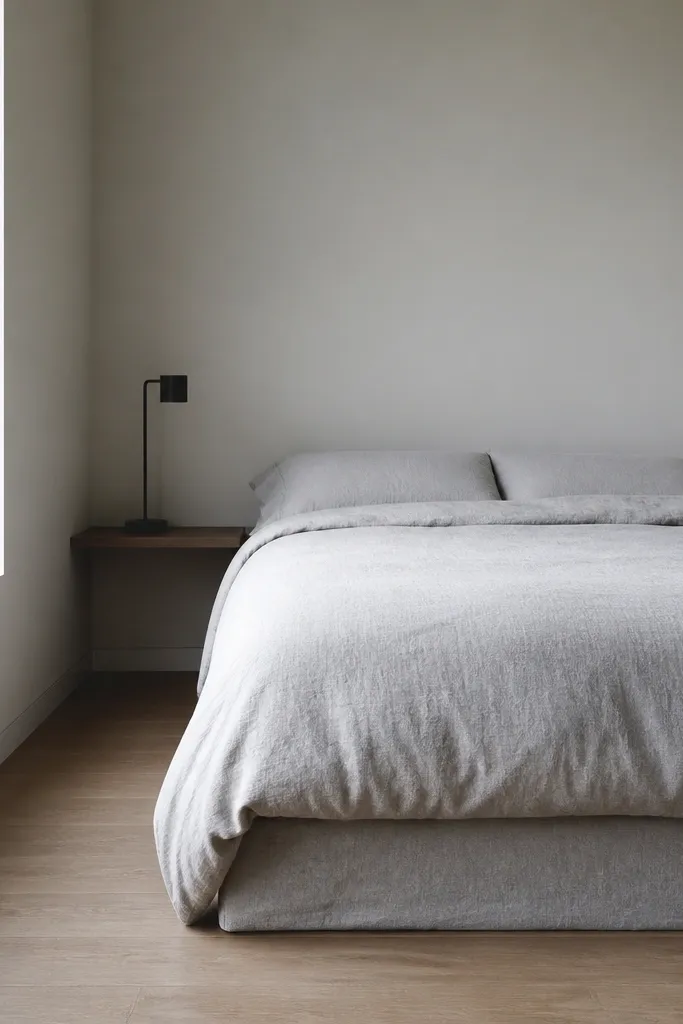 A low, simple platform bed pushed into the corner. The duvet is light grey with a subtle texture, and there's a thin dust-skirt panel in the same tone that hides the bed legs area. A slim black bedside lamp sits on a narrow shelf, and the floor is uncluttered.