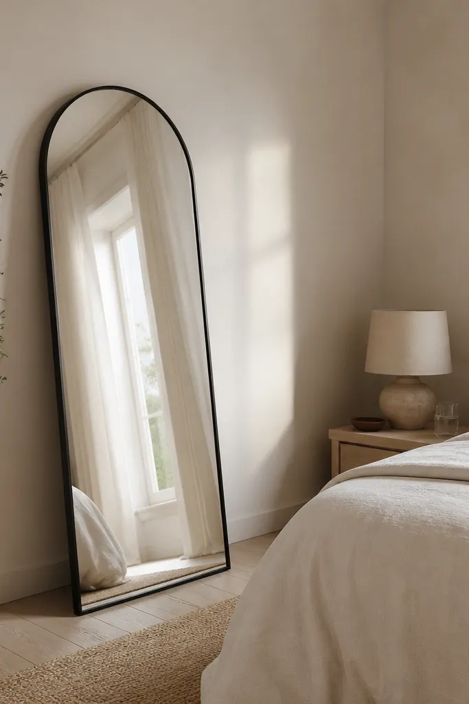 A full-length arched mirror leaning against the wall opposite a window. The mirror frame is thin and matte black, and it reflects the light from the window and a bit of the curtain fabric. The bed is on the adjacent wall with light bedding and a simple bedside lamp.