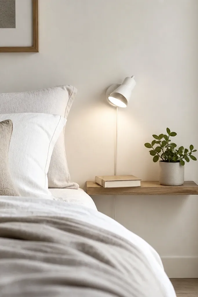 A narrow floating shelf beside a double bed. No bedside table is visible. A small plug-in wall lamp or corded reading light sits above the shelf, and a single book and a small plant are placed neatly. The wall is painted off-white.