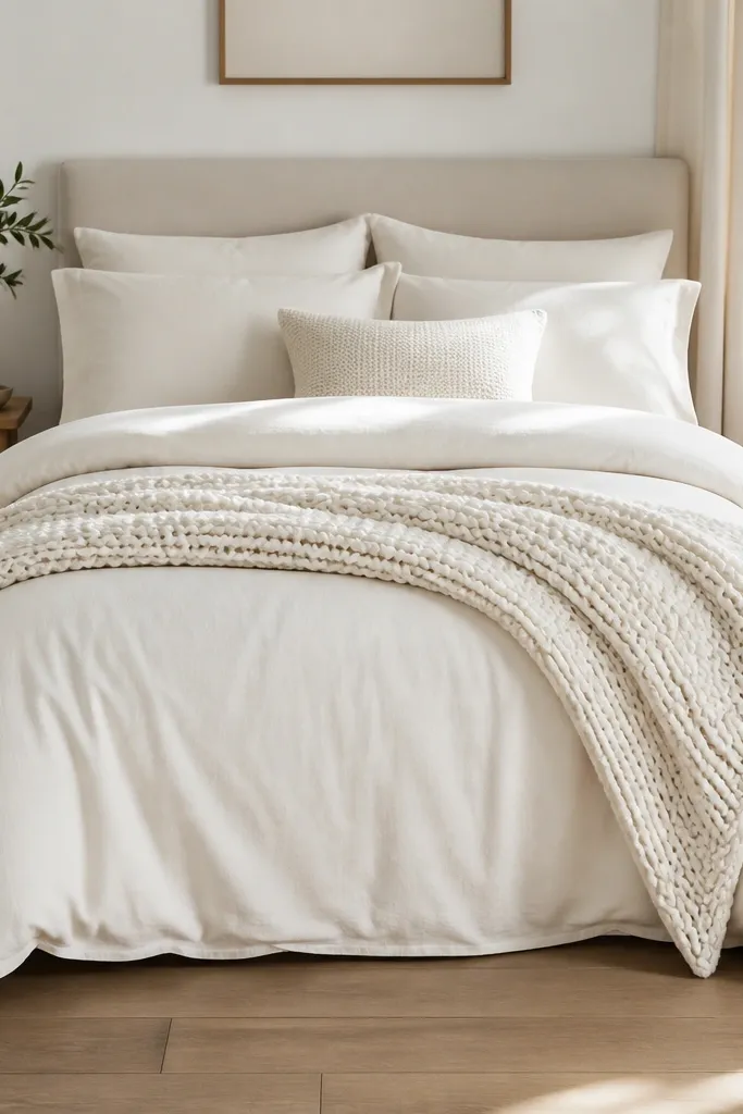 A small double bed styled with one main bedding colour: warm white. The duvet cover is matte cotton, the throw is a chunky knit in the same colour family, and the pillows include one with a subtle waffle texture. The bed is neat and the floor is clear.