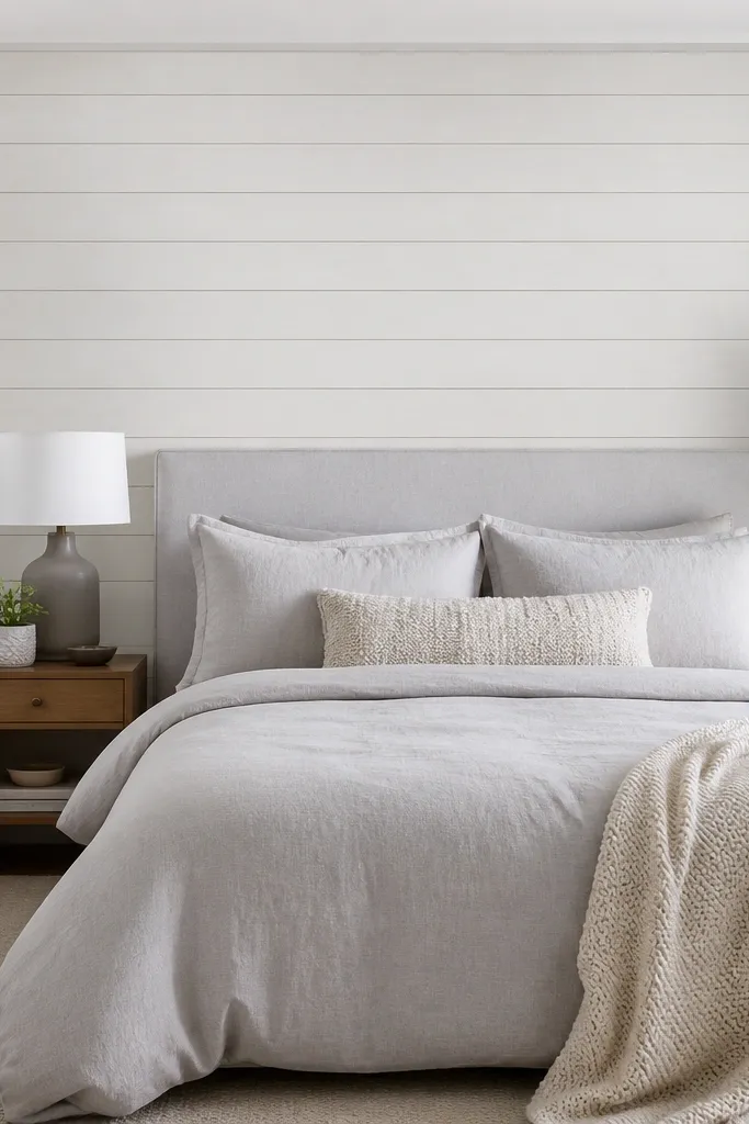 Behind the bed headboard area there is a light, horizontal shiplap-style peel-and-stick panel. The wall is otherwise plain warm white. The bedding is light grey, and the panel area frames the bed like a feature wall. No paint work is visible.