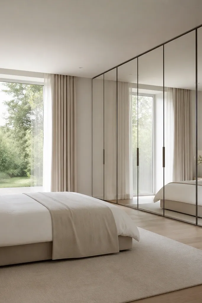 A tall wardrobe placed along the longer wall. The wardrobe doors are mirrored with thin vertical frames and slim handles. Inside it is mostly hidden, and the room has light bedding and a simple rug with no clutter near the bed.