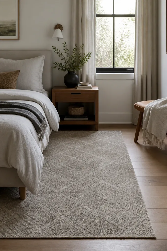 A small bedroom with a low pile rug that extends under part of the bed. The rug edges are aligned and it stops just before the door swing area. The rug colour is light greige with a subtle geometric pattern; the rest of the floor is visible near the door.