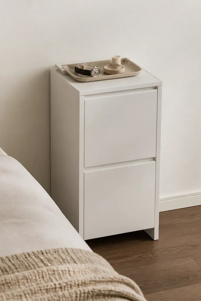 A narrow dresser about 35cm deep with two drawers and a flat top. A tray sits on top holding a watch, lip balm, and a small dish. The drawer fronts are matte white; the wall behind is off-white. The area around the bed is clear.
