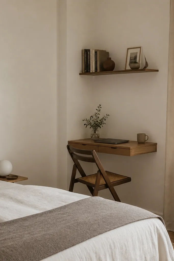 A compact bedroom with a small desk tucked into a corner. The desk is a simple floating or wall-mounted style with a fold-out chair. Above it is a narrow shelf, and the bed has minimal bedside items. The wall is painted pale warm white.