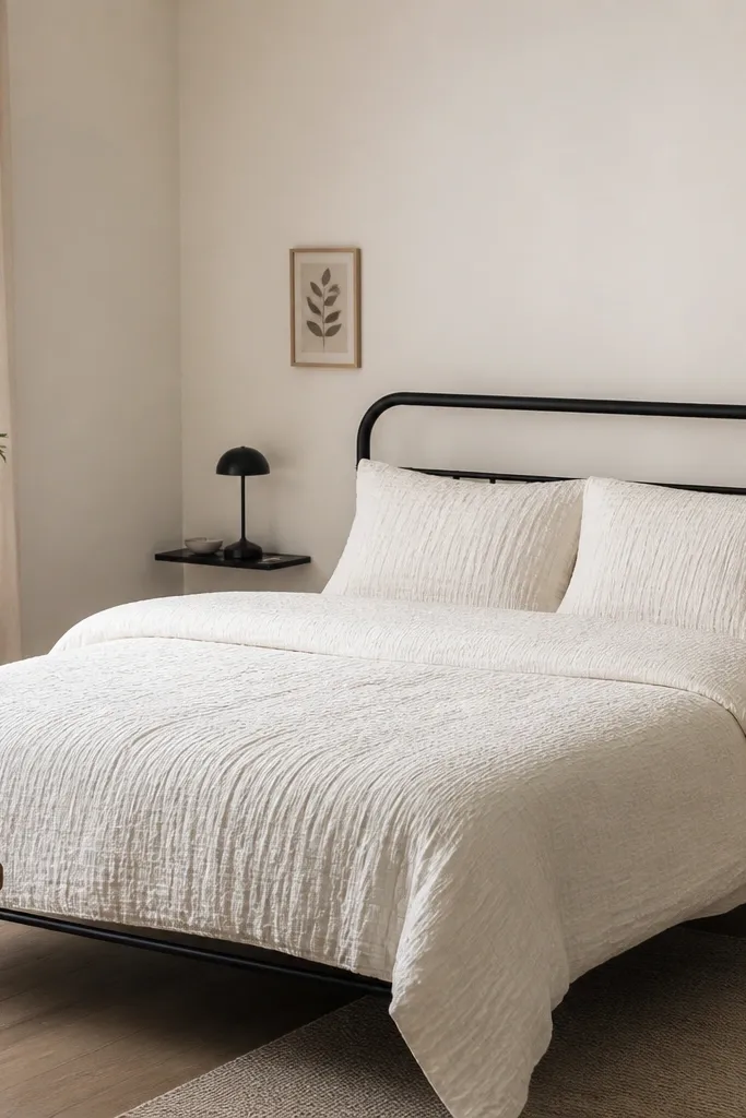 A double bed with a black metal frame and simple headboard. The bedding is warm white with a textured duvet and two matching pillows. A small black bedside lamp sits on a slim shelf, and the walls are painted warm white.