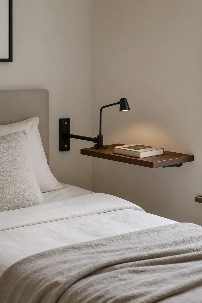 A small bedroom with a bed and a swing-arm reading shelf mounted on the wall near the head. The shelf is extended when needed and tucked close to the wall when not in use. A small reading lamp and one book sit on the shelf.