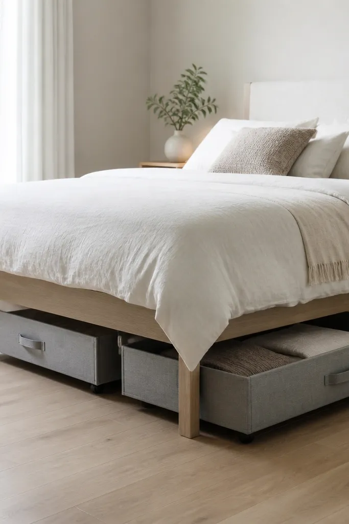 A double bed lifted slightly with rolling drawers underneath. The bins are grey fabric with handles, and they slide smoothly. Only one small item is visible near the bed, and the floor is mostly clear.
