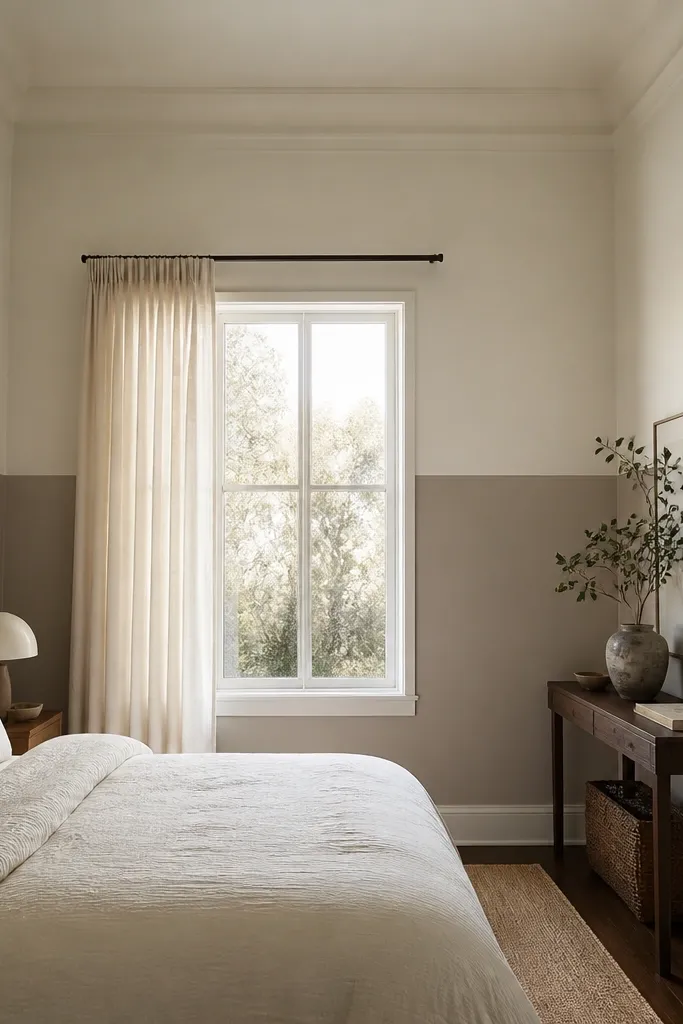 A small bedroom wall painted with two tones: light warm white on top and a muted greige on the lower section. The line between colours is straight and sits around mid-wall. The bed has warm white bedding, and the ceiling looks higher than the walls.