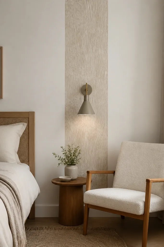 A small bedroom with a single vertical wallpaper strip behind a reading spot. The strip has a subtle textured pattern in beige and cream and is about 60cm wide. The rest of the wall is plain warm white.