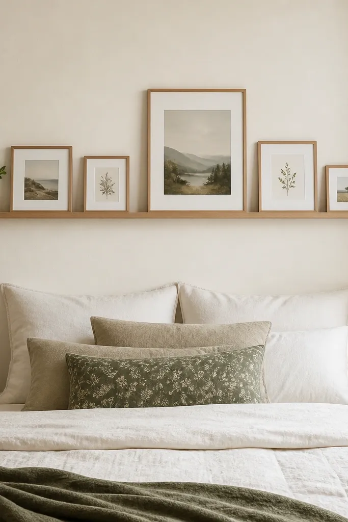A small bedroom with a narrow picture ledge mounted above the bed. Several small framed prints are arranged along the ledge, with one larger frame centered. The frames are in matching light wood and white mats; the wall is warm white.