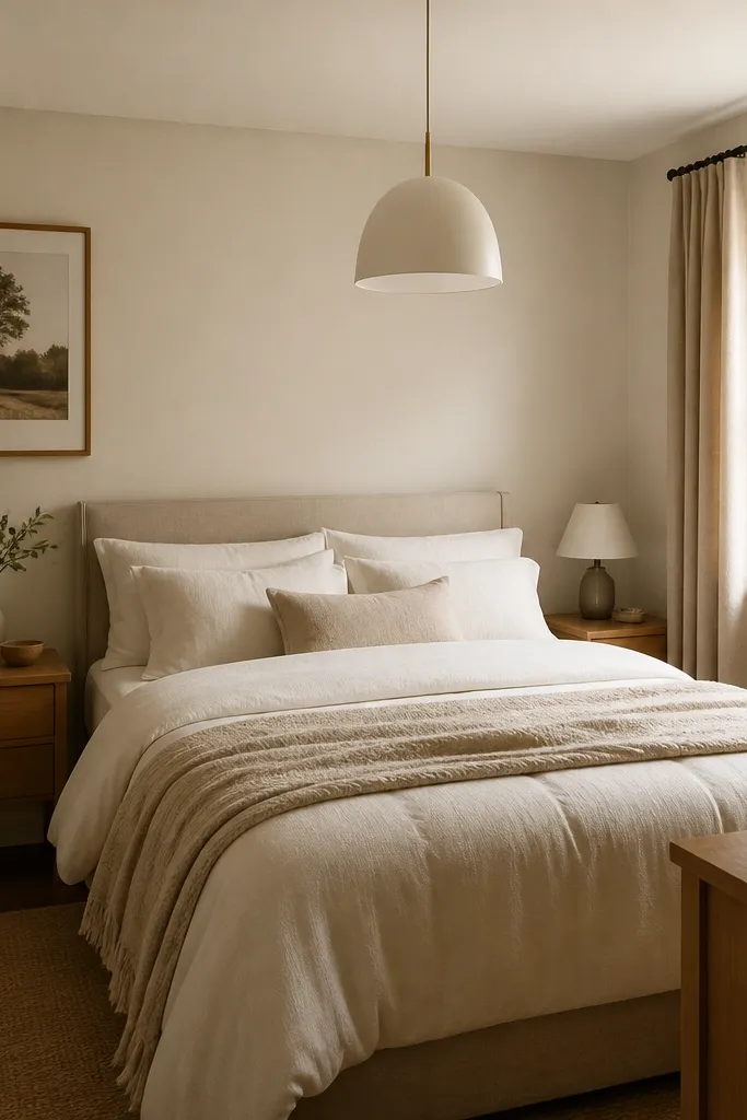 A small double bedroom with a pendant light centered above the bed. The shade is a matte white or soft fabric, and the cord hangs neatly. The bed has warm white bedding, and there are no bulky ceiling fixtures.