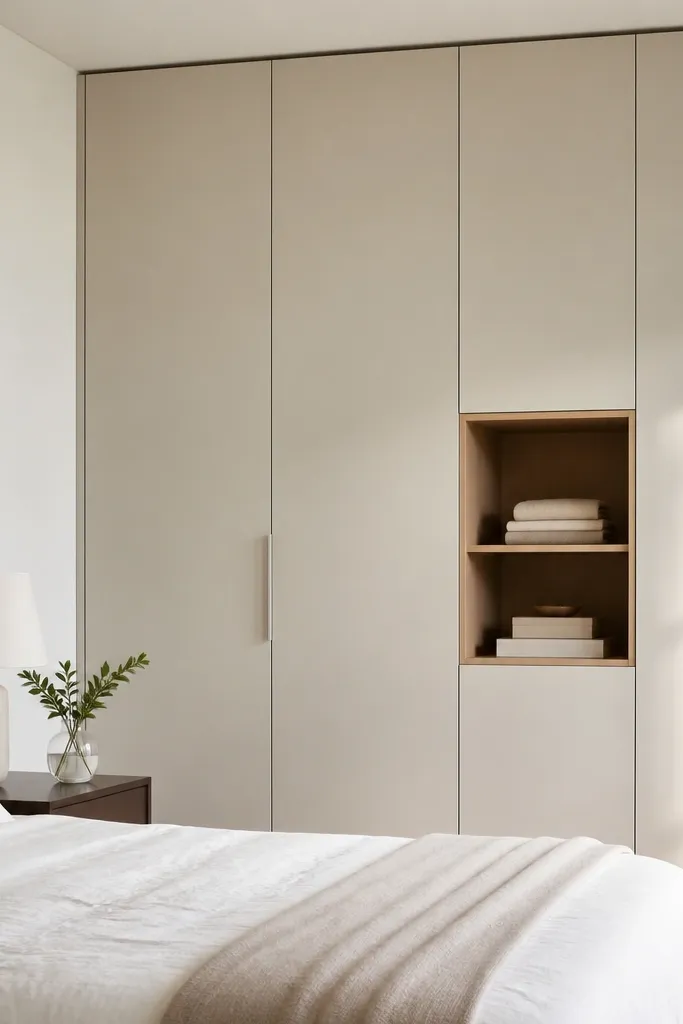 A wardrobe interior is partially visible with neatly divided shelves. There is one small open cubby with folded towels and a couple of neatly stacked items, while the rest is closed with doors. The bedroom walls are light and clutter-free.