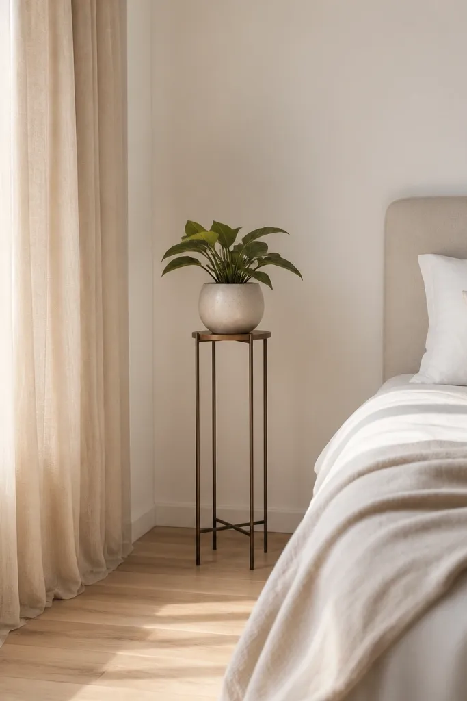 A small bedroom corner with a slim plant stand and one low plant in a ceramic pot. The bed is nearby with light bedding, and the floor space is mostly clear. The wall is plain warm white and the curtain hangs to the ceiling.