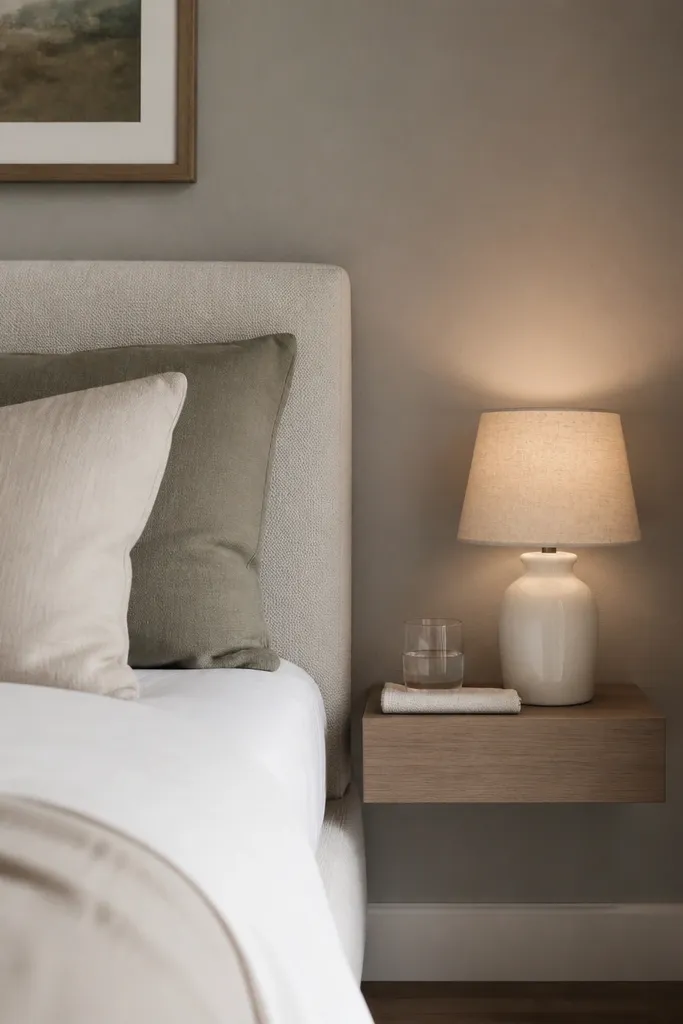 A very small guest bedroom with a bed against the wall. A slim floating nightstand sits directly beside the mattress, holding a white ceramic plug-in lamp with a linen shade. The wall above is painted a soft warm gray, and there is a small tray with a water glass and a folded towel.