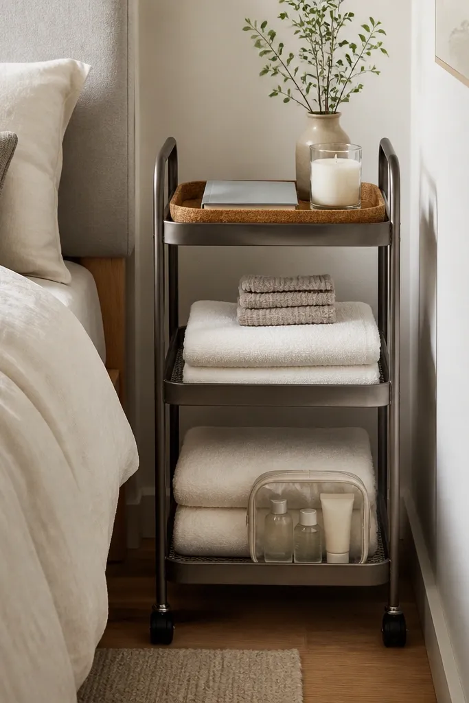 A slender metal rolling cart tucked between the bed and a wall. It has three tiers with neatly folded towels, a small stack of washcloths, and a couple of travel-size toiletries in a clear pouch. A small cork tray sits on the top shelf with a book and a candle in a glass jar.