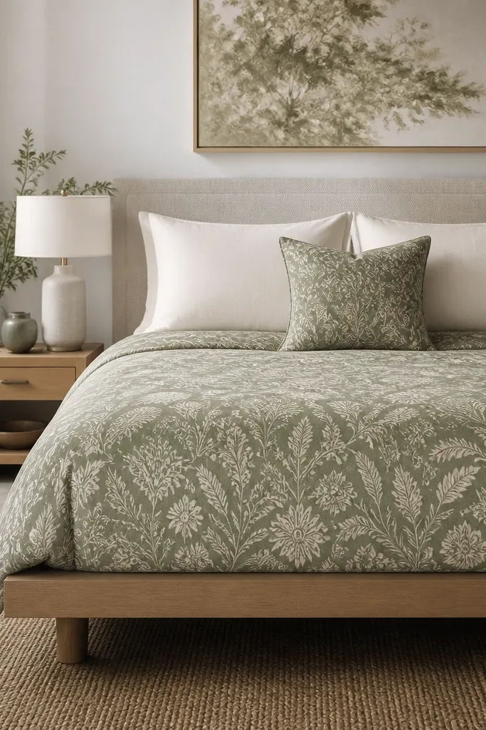A tightly styled bed with a patterned duvet cover in muted sage and cream. Two solid pillows in warm white sit in front, and a single patterned throw pillow echoes the duvet. The bed skirt is absent, showing clean lines and a simple platform frame.