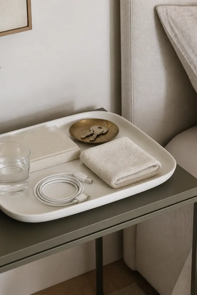 A matte off-white ceramic tray placed on a slim nightstand next to the bed. Inside are a small water glass, a phone charger cable neatly coiled, and a folded hand towel. There's a small brass dish for keys and a slim book with a neutral cover.