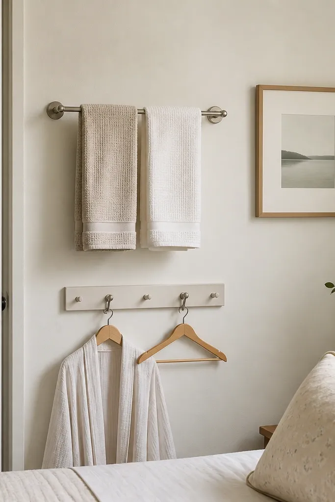 A small guest room wall has a slim towel bar mounted near the door and a narrow hook rail below it. A couple of neatly hung towels are visible, plus two small robe hooks with light-colored hangers. The wall paint is a soft warm white and there's a small framed print beside the rail.