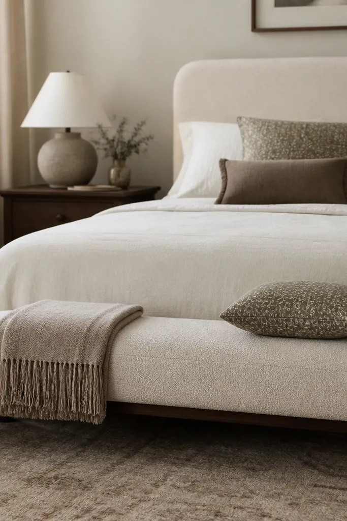 A low, slim upholstered bench sits at the foot of a twin bed. The bench fabric is light oatmeal boucle, and the legs are dark wood. A folded throw blanket is draped neatly over one side, and a small pillow rests on the bench.