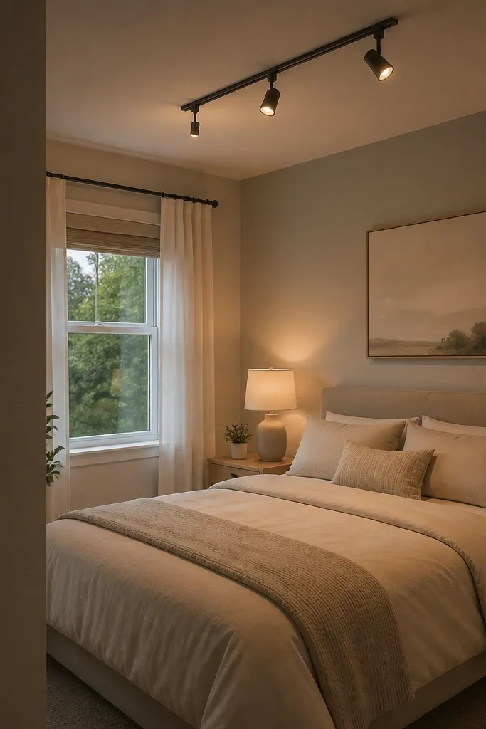 A small guest bedroom with a track light on the ceiling. Two heads are aimed toward the bed and one toward a wall. The bulbs glow warm 2700K, and the room feels softly lit. A dimmer switch is visible near the door.