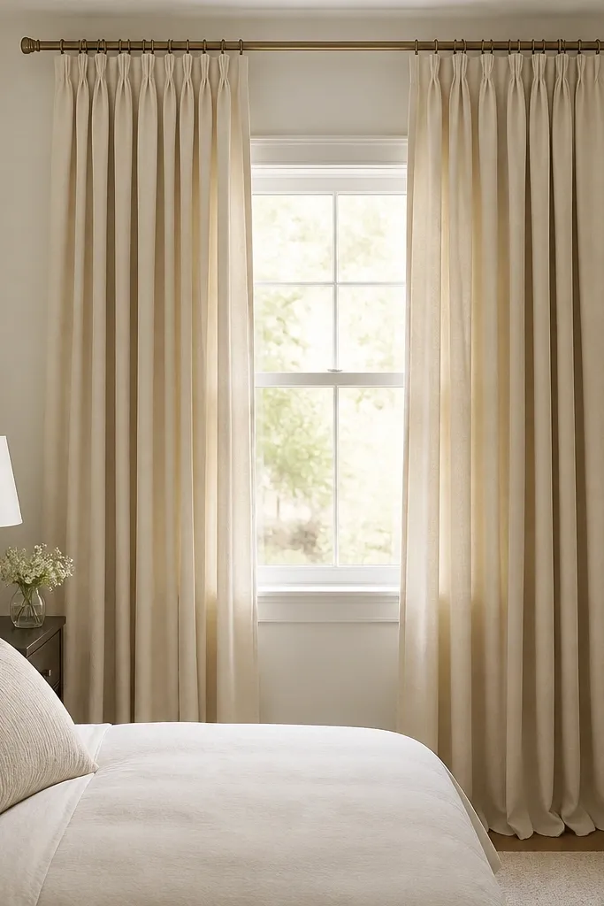 A tiny guest bedroom window with floor-length curtains in a warm light beige. The curtains have a slight drape and appear thicker than standard sheers. The curtain rod is mounted high and wide, and the window trim is visible behind the fabric.