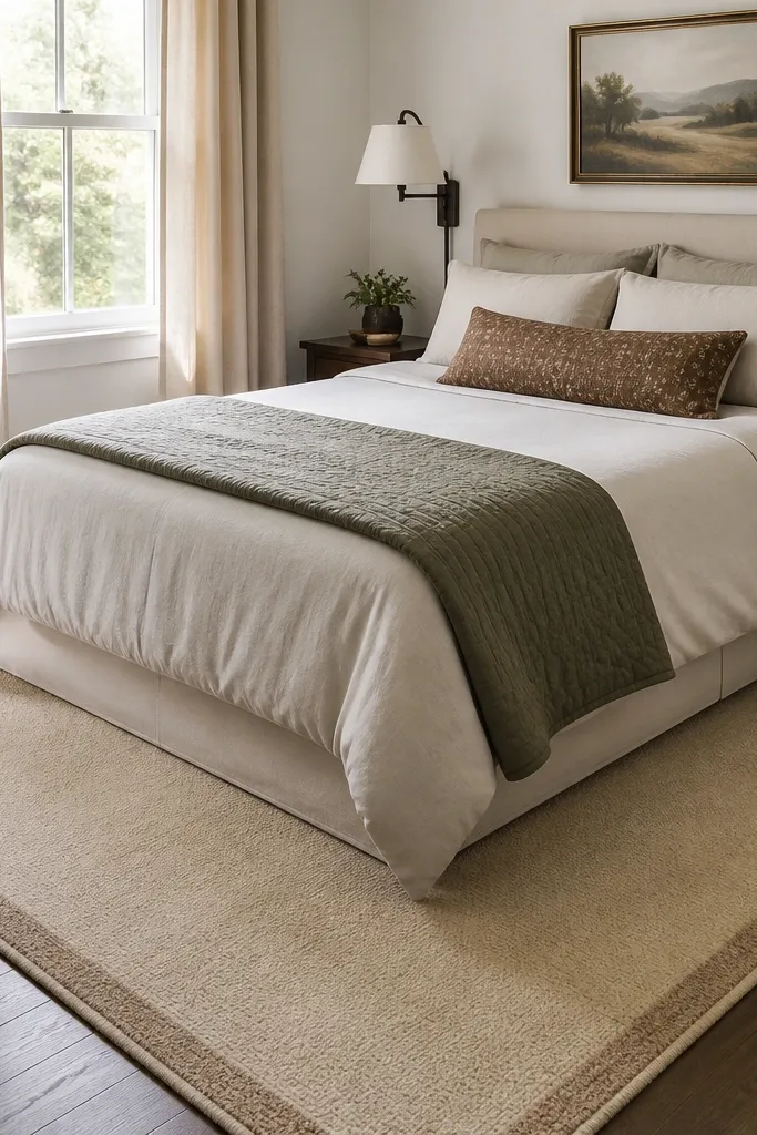 A small guest bedroom with a low-pile area rug in warm cream. The rug has a simple border in light tan and no heavy fringe. The bed sits with the rug extending under the front edge of the mattress.
